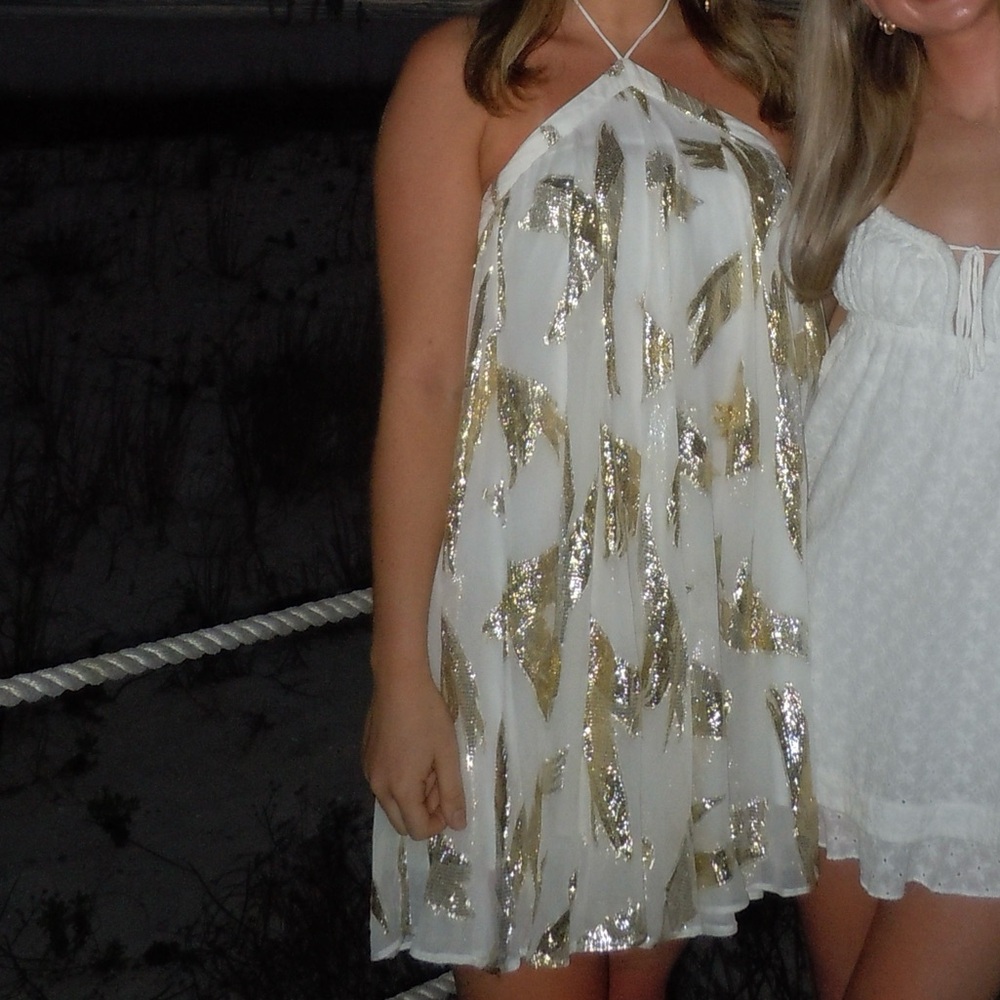 Anthropologie Gold and White Halter Neck Mini Dress